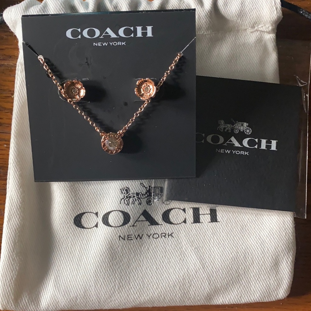 Coach Rose Gold Tea Rose Earing and Necklace Set